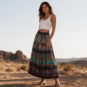 TravelSmith Boho Patchwork Tiered Maxi Skirt Sz PS Cottagecore Gypsy Festival